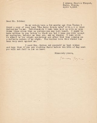 Item #107 JOYCE, JAMES. Typed Letter SIGNED to Gilbert Seldes. JAMES JOYCE