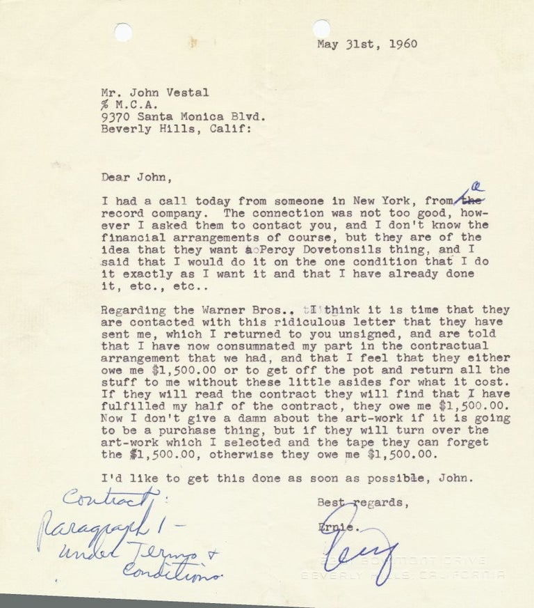 Item #1135 "they want a Percy Dovetonsils..." Typed Signed Letter, 4to, Beverly Hills, CA. May 31, 1960. ERNIE KOVACS.