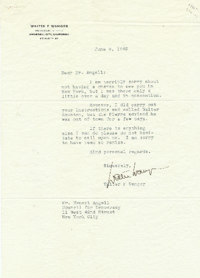 Item #1140 Typed Letter Signed, 4to, on business stationery of Universal Studios, Universal City, California, June 8, 1942. WALTER F. WANGER.