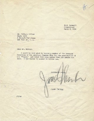 For the "Tonys", Thurber joins the American Theater Wing Honorary Committee. Typed Letter Signed, JAMES THURBER.