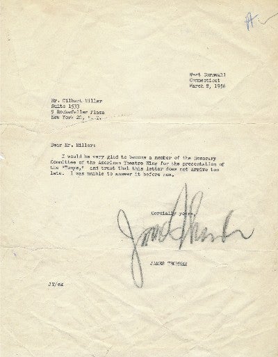 Item #1187 For the "Tonys", Thurber joins the American Theater Wing Honorary Committee. Typed Letter Signed, 4to, West Cornwall, Connecticut, March 8, 1956. JAMES THURBER.