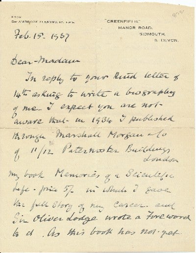Item #1207 Autograph Letter Signed, 8vo, 2pp., on personalized stationery, "Greenfield" Manor Road, Sidmouth, S. Devon, England, February 15, 1937. AMBROSE FLEMING.