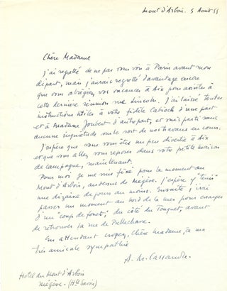 Autograph Letter Signed, in French, 4to, Hotel du Mont d'Arbois, Niegeve, France, August 5, 1955. ADOLPHE MOURON CASSANDRE.