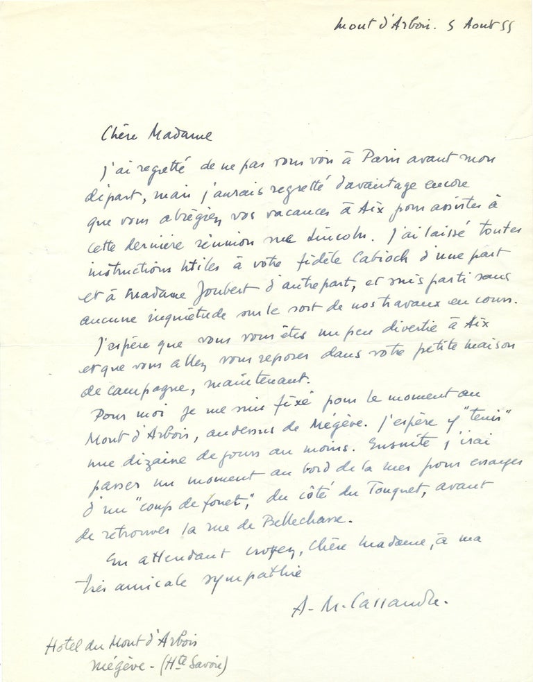 Item #1246 Autograph Letter Signed, in French, 4to, Hotel du Mont d'Arbois, Niegeve, France, August 5, 1955. ADOLPHE MOURON CASSANDRE.