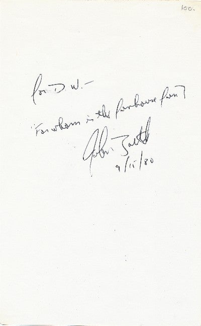 Item #1298 Autograph Note Signed, 8vo, n.p., September 15, 1980. JOHN SIMMONS BARTH.