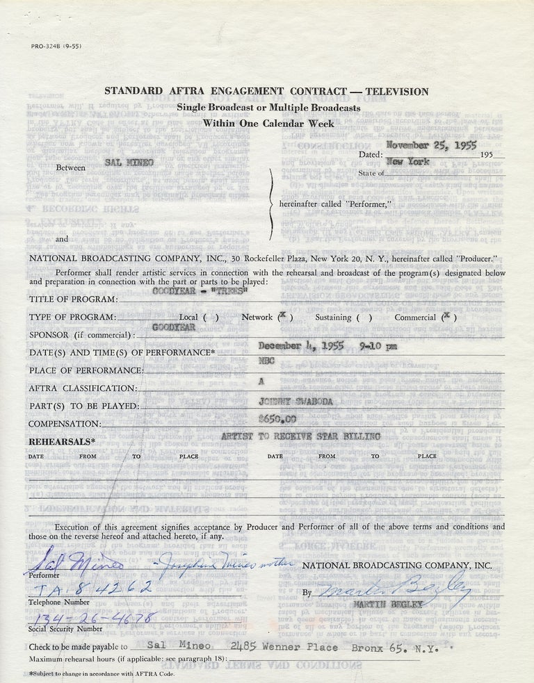 Item #1358 Typed Document Signed, 4to, New York, November 25, 1955. SAL MINEO.