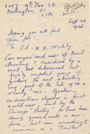 Autograph Letter Signed, 2 pages on one folded sheet, 8vo, Washington, September 24, 1946. DOROTHY SHAKESPEAR POUND.