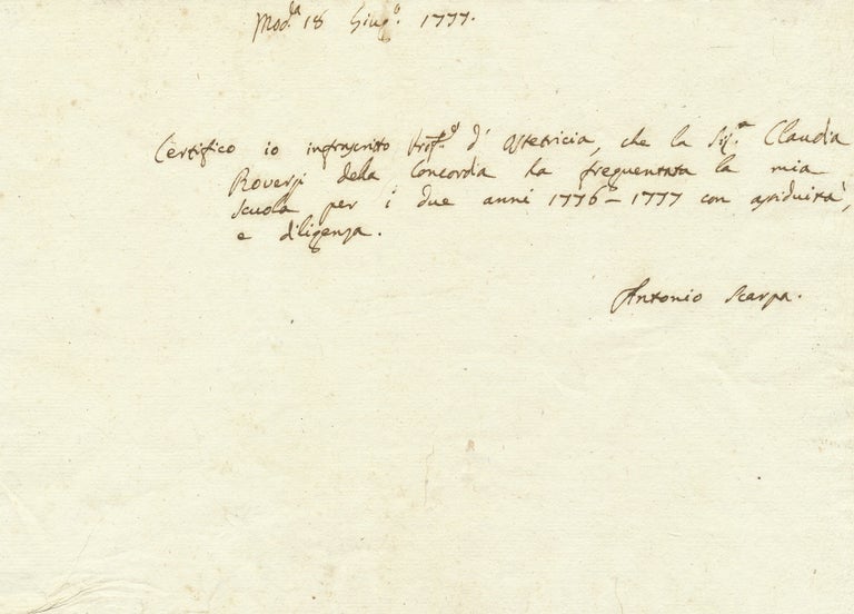 Item #1377 Autograph Document Signed, in Italian, oblong 8vo, Modena. June 18, 1777. ANTONIO SCARPA.
