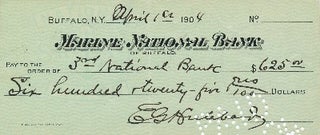 Document Signed, 8vo oblong, Marine National Bank, Buffalo, New York, April 1, 1904. ELBERT HUBBARD.