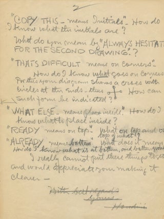 Correspondence about Mind Reading between Houdini and mentalist Julius Zancig with illustration, unsigned by Houdini: 1- Zancig Typed Letter unsigned, to Houdini on "Zancig Studio" stationery explaining the mind reading trick "How to Thought Picture"; with envelope addressed to Houdini, postmarked Asbury Park, NJ., August 8, 1925. Zancig wrote “Private” on verso of this letter. 2- A handwritten letter written for Houdini, possibly by his secretary Julie Sawyer, signed for him to mentalist Julius Zancig, in pencil, three separate 4to pages, August 17,1925; Julie Sawyer was the niece of Houdini’s wife Bess. 3- Typed Letter unsigned, 2 pp, to Zancig with a hexagram diagram Houdini likely drew, in ink, Aug. 21, 1925.