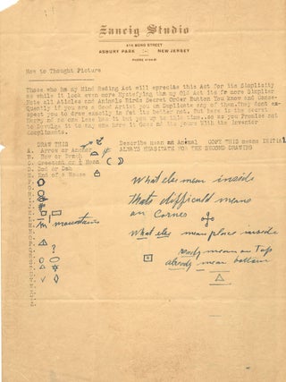 Correspondence about Mind Reading between Houdini and mentalist Julius Zancig with illustration, unsigned by Houdini: 1- Zancig Typed Letter unsigned, to Houdini on "Zancig Studio" stationery explaining the mind reading trick "How to Thought Picture"; with envelope addressed to Houdini, postmarked Asbury Park, NJ., August 8, 1925. Zancig wrote “Private” on verso of this letter. 2- A handwritten letter written for Houdini, possibly by his secretary Julie Sawyer, signed for him to mentalist Julius Zancig, in pencil, three separate 4to pages, August 17,1925; Julie Sawyer was the niece of Houdini’s wife Bess. 3- Typed Letter unsigned, 2 pp, to Zancig with a hexagram diagram Houdini likely drew, in ink, Aug. 21, 1925.