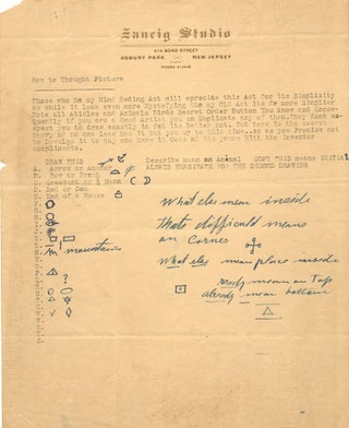 Correspondence between Houdini and mentalist Julius Zancig about mind reading with illustration: 1- Zancig Typed Letter  unsigned, to Houdini on "Zancig Studio" stationery  explaining the mind reading trick "How to Thought Picture"; with envelope addressed to Houdini, postmarked Asbury Park, NJ., August 8, 1925. Zancig wrote “Private” on verso of this letter. 2- Written on behalf of Houdini, possibly by secretary Julie Sawyer, a holograph letter signed for  him to mentalist Julius Zancig, in pencil, three separate 4to pages,  August 17,1925;  Julie Sawyer was the niece of Houdini’s wife Bess. 3- Typed Letter unsigned, 2 pp,  to Zancig  with a hexagram diagram Houdini likely drew, in ink, Aug. 21, 1925.