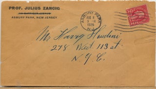 Correspondence about Mind Reading between Houdini and mentalist Julius Zancig with illustration, unsigned by Houdini: 1- Zancig Typed Letter unsigned, to Houdini on "Zancig Studio" stationery explaining the mind reading trick "How to Thought Picture"; with envelope addressed to Houdini, postmarked Asbury Park, NJ., August 8, 1925. Zancig wrote “Private” on verso of this letter. 2- A handwritten letter written for Houdini, possibly by his secretary Julie Sawyer, signed for him to mentalist Julius Zancig, in pencil, three separate 4to pages, August 17,1925; Julie Sawyer was the niece of Houdini’s wife Bess. 3- Typed Letter unsigned, 2 pp, to Zancig with a hexagram diagram Houdini likely drew, in ink, Aug. 21, 1925.