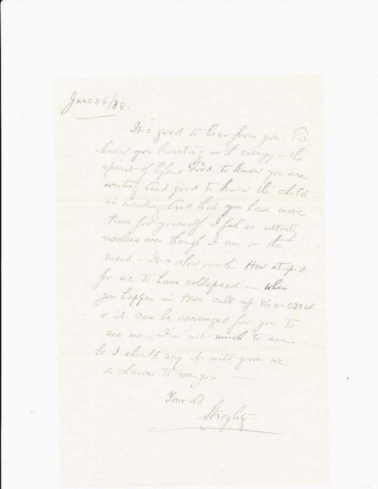 Item #1572 Autograph Letter Signed, in pencil, 8vo, postmarked New York, June 26, 1938. ALFRED STIEGLITZ.