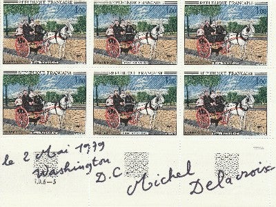 Item #1731 Signed sheet of 6 French postage stamps, Washington D.C. 8vo, May 2, 1979. MICHAEL DELACROIX.
