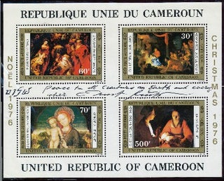 Item #1748 Three items: Signed block of 4 postage stamps of the Republic of Cameroon, Christmas...