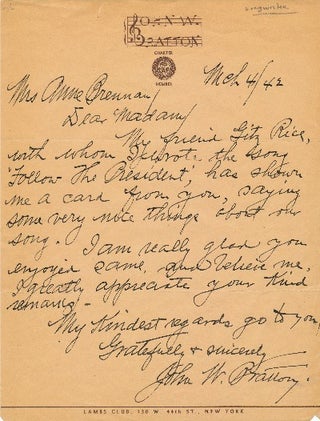 Item #1852 A.L.S., on his printed letterhead, 1p., 4to., NY.,NY. March 4, 1942. JOHN W. BRATTON