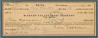 Cole Porter Signed Check. Printed and manuscript D.S., oblong 8vo, Peru, Indiana, March 18, 1944, framed with sheet music for "Easy to Love" from the film, "Night and Day, " Chappell & Co., Inc. (1936).