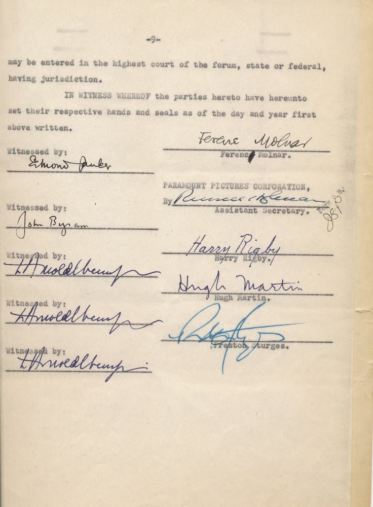 Item #2250 Document SIGNED, 9 pp, 4to, August 28, 1950, New York City. FERENC MOLNÁR PRESTON STURGES.