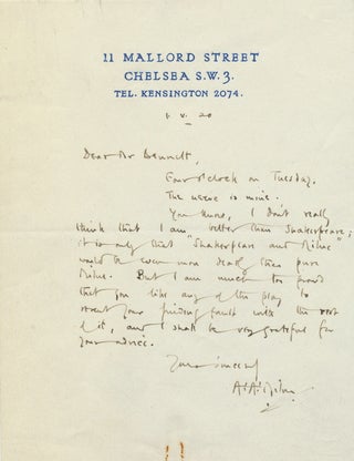 Item #2363 A. A Milne compares himself to Shakespeare in an Early Autograph Letter Signed. A. A....