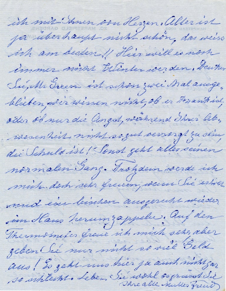 Item #2379 Autograph Letter Signed, in German, 2 pp on one sheet of printed address stationery, 20 Marsfield Gardens, London, Jan. 12, 1950. MARTHA BERNAYS FREUD.