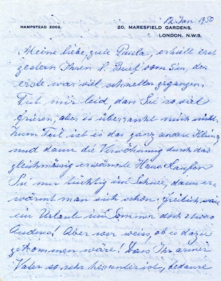 Autograph Letter Signed, in German, 2 pp on one sheet of printed address stationery, 20 Marsfield Gardens, London, Jan. 12, 1950.