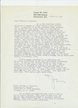Item #2394 Typed Letter SIGNED, 4to, Hyattsville, Maryland, April 27, 1974. JAMES M. CAIN