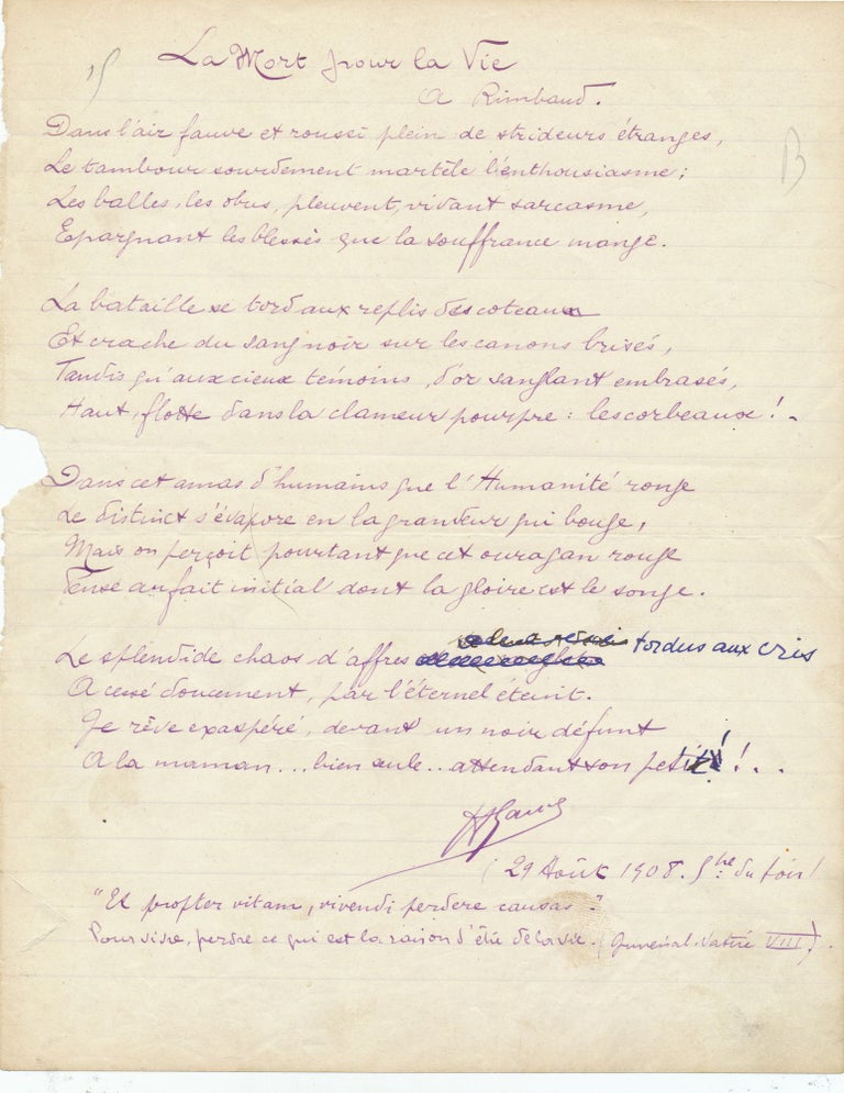 Item #2433 Early SIGNED Manuscript, in French, 4to, n.p., August 29, 1908. ABEL GANCE.