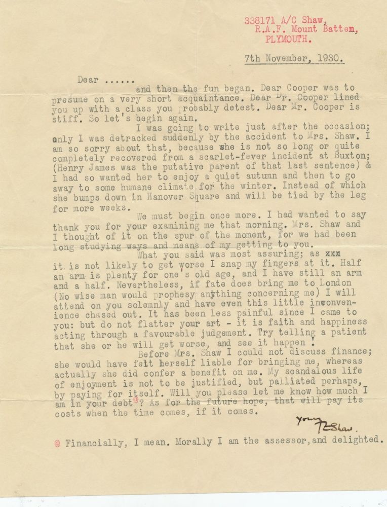 Item #2464 LAWRENCE, T. E. [aka LAWRENCE of ARABIA and T. E. Shaw], Typed Letter Signed, 1930. LAWRENCE of ARABIA T. E. aka T. E. Shaw LAWRENCE.