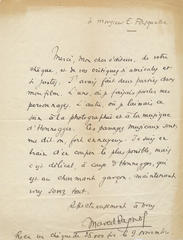 Item #2469 Autograph Letter SIGNED in French, 4to, n.p., n.d. MARCEL PAGNOL.