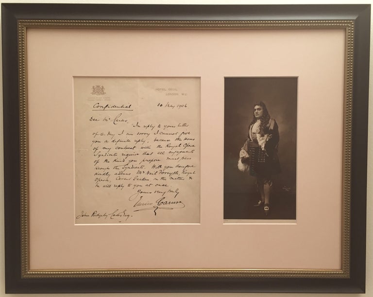 Item #2472 Autograph Letter SIGNED, in English, on emblematic, "Hotel Cecil" stationery, 4to, London, May 30, 1906. ENRICO CARUSO.