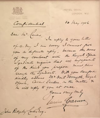 Autograph Letter SIGNED, in English, on emblematic, "Hotel Cecil" stationery, 4to, London, May 30, 1906.