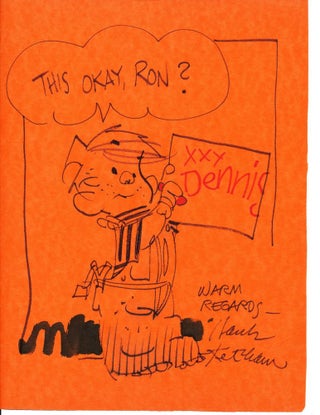 Item #2516 Original Drawing SIGNED 4to on orange color paper, n.d., n.p. HANK KETCHAM