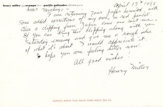 Item #2517 Autograph Letter SIGNED, oblong 8vo, Pacific Palisades, April 17, 1968. HENRY MILLER
