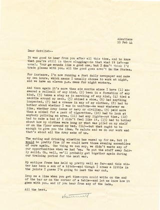 Item #2539 Typed Letter SIGNED, 2 separate pages 4to, Aleutian Islands, Feb. 19, 1944. SAMUEL...