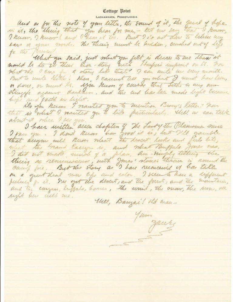 Item #2574 Substantive Autograph Letter SIGNED referencing "The Last of the Plainsmen" and Buffalo Jones, 2 separate pages 4to, on lined “Cottage Point, Lackawaxen, Pennsylvania” stationery, Christmas Day 1907. ZANE GREY.