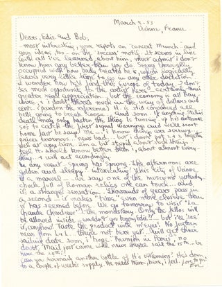 Substantial Autograph Letter Signed, 8vo, on verso of ALS by wife Eve McClure, Vienne, France, March 7, 1953