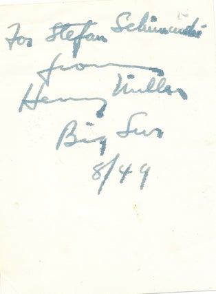Signed Photograph, 12mo original photograph, Big Sur, August 1949; plus TLS on 4to brown paper, n.p., n.d., with autograph letter on Miller's behalf by Emil White on Miller's 4to Big Sur stationery, Sept. 28, 1945.