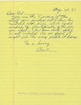 Item #305 Autograph Letter Signed, on yellow lined paper rubber stamped "Carl Barks' UNCLE...