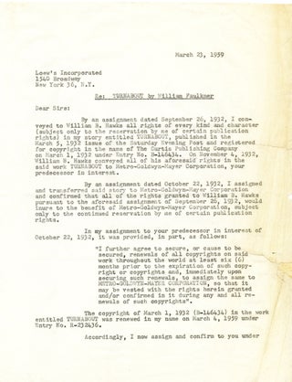 Item #4043 FAULKNER, WILLIAM. “Turnabout,” Film Contract for Distribution Rights. WILLIAM...