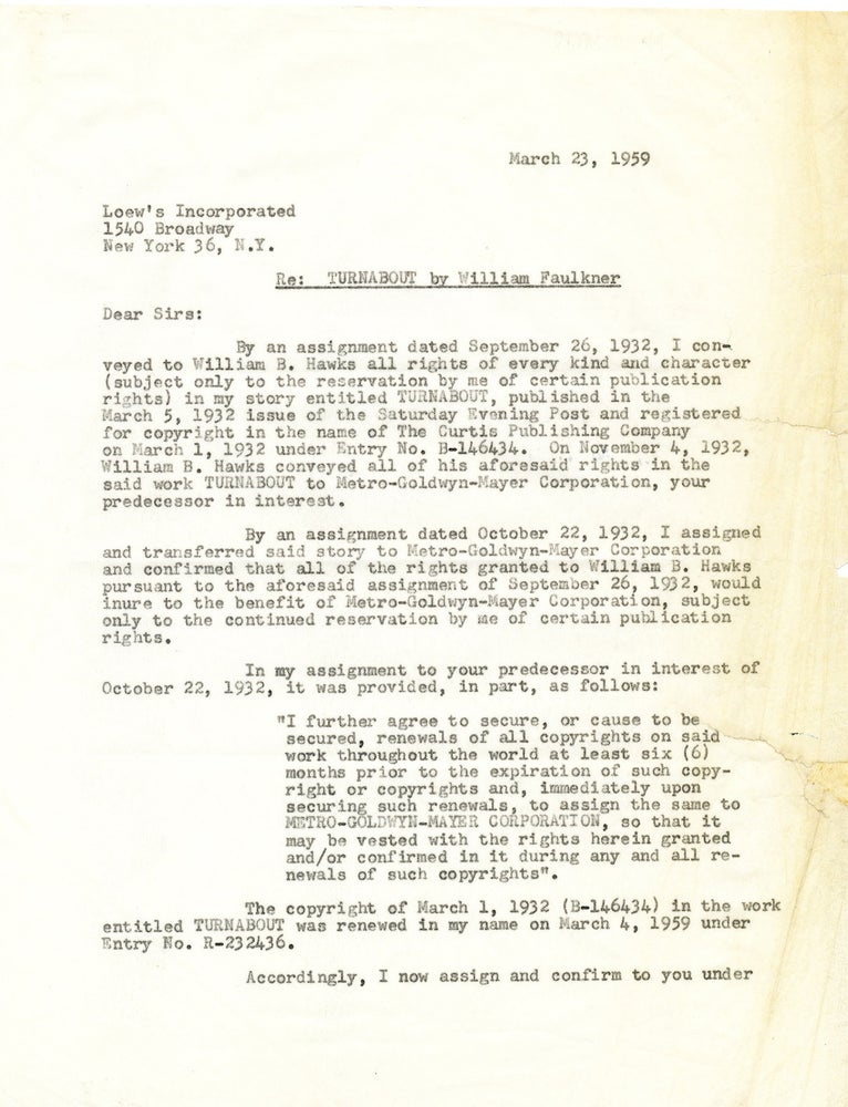 Item #4043 FAULKNER, WILLIAM. “Turnabout,” Film Contract for Distribution Rights. WILLIAM FAULKNER.