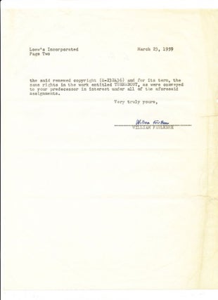 FAULKNER, WILLIAM. “Turnabout,” Film Contract for Distribution Rights