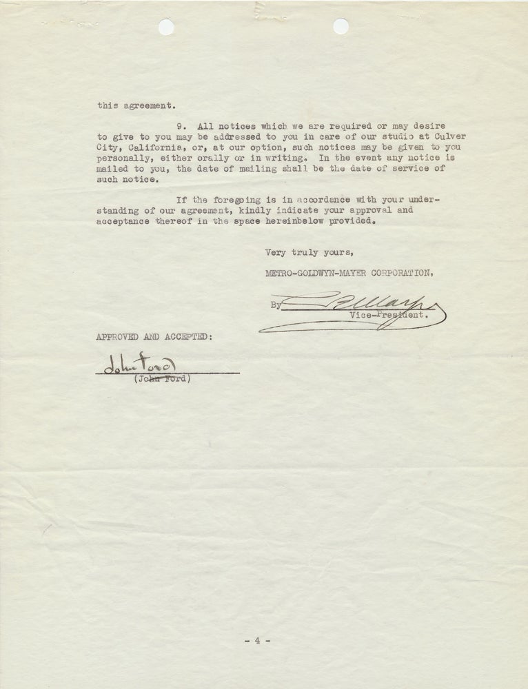 Item #4069 John Ford Contract with MGM (Mayer) for Ford's services as director. LOUIS B. MAYER JOHN FORD.