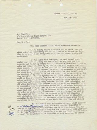 John Ford Contract with MGM (Mayer) for Ford's services as director.