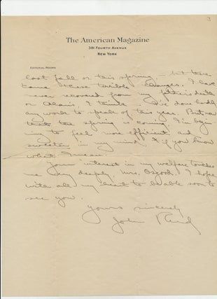 Rare Autograph Letter SIGNED about his book, “The Day in Bohemia, or Life Among the Artists,” 3 pp, two of which are on “The American Magazine, New York” letterhead, 4to, with holograph envelope, New York, March 11, no year, but 1913 or 1914.