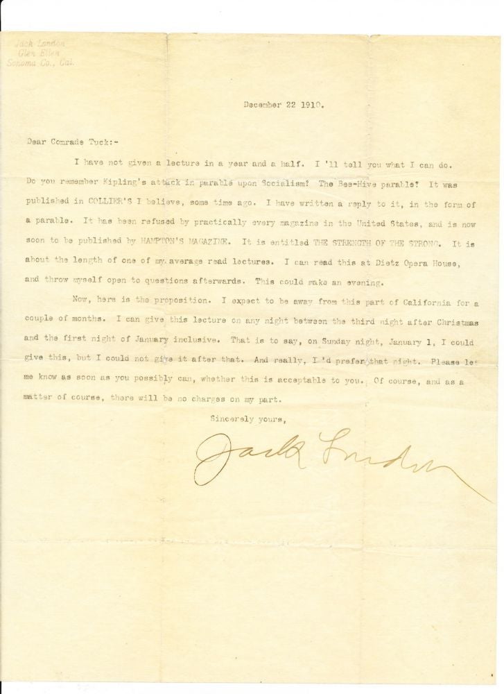 Item #4102 Jack London. Typed Letter SIGNED, 1910, on Socialism. JACK LONDON.
