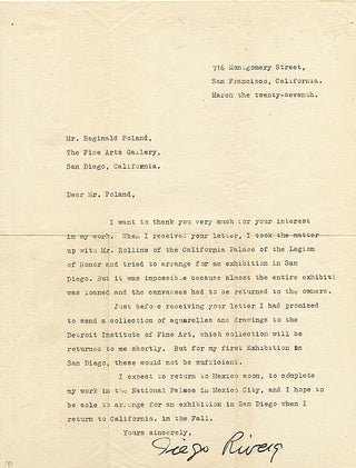 Typed Letter SIGNED about painting murals and art exhibitions, small folio, San Francisco, DIEGO RIVERA.