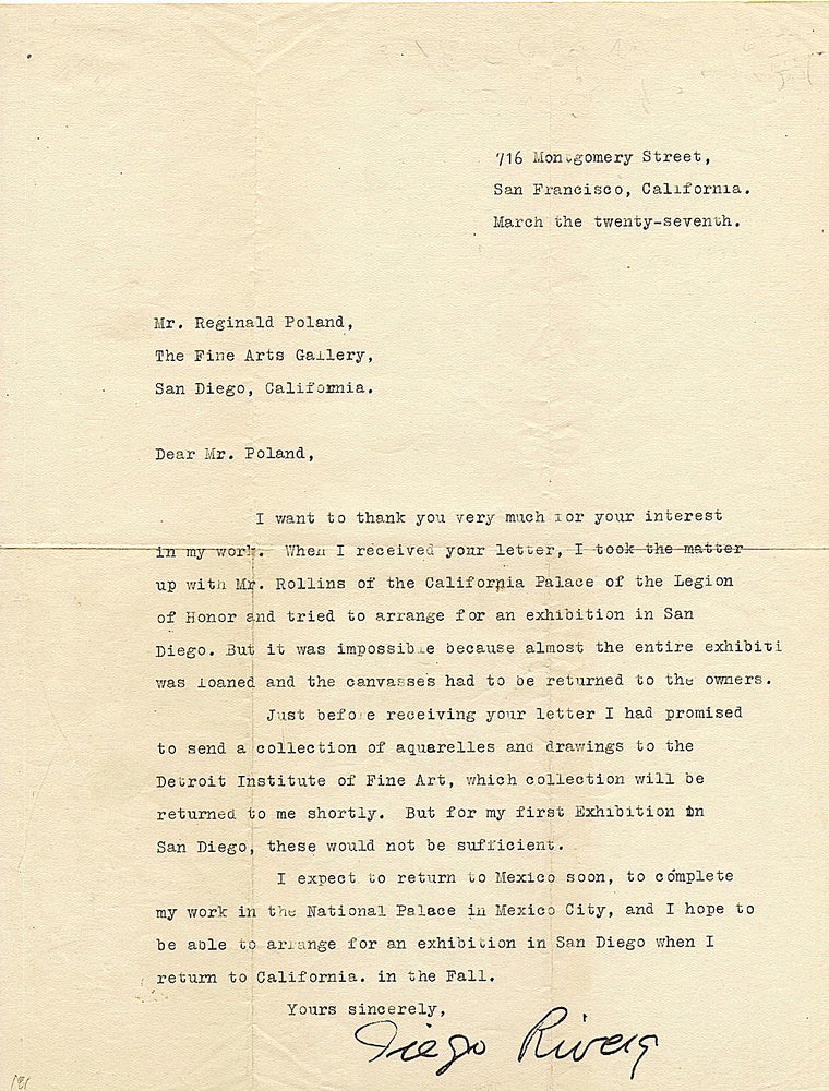 Item #4105 Typed Letter SIGNED about painting murals and art exhibitions, small folio, San Francisco, March 27, n.y. Although undated, this letter, to Mr. Reginald Poland, Director of The Fine Arts Gallery, San Diego (1925-1950), was written in 1931. DIEGO RIVERA.