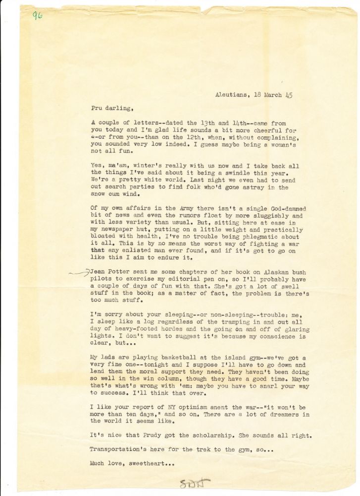 Item #4130 Typed Letter SIGNED, folio, Aleutians, March 18, 1945. SAMUEL DASHIELL HAMMETT.