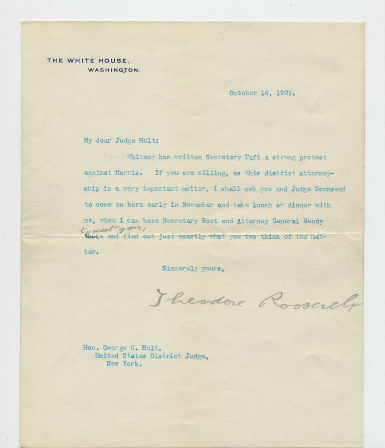 Item #4159 Typed Letter SIGNED as President with handwritten corrections on White House stationery, 1 page 4to folded sheet, Washington, D. C., October 14, 1905. THEODORE ROOSEVELT.
